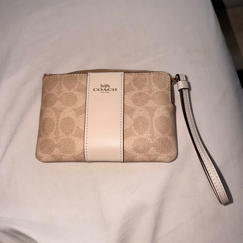 Coach Beige Signature Canvas Wristlet with Cream Center Stripe